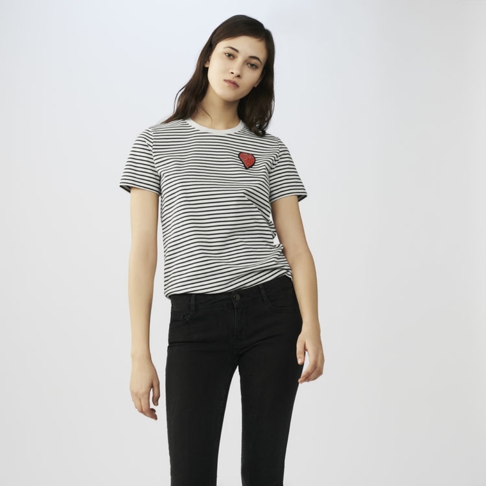 Maje Teddy Striped Heart-Applique Tee